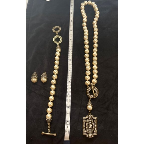 3pc Retired Heidi Daus Art Deco Cream Pearl Toggle Necklace Bracelet Earrings - Picture 5 of 6